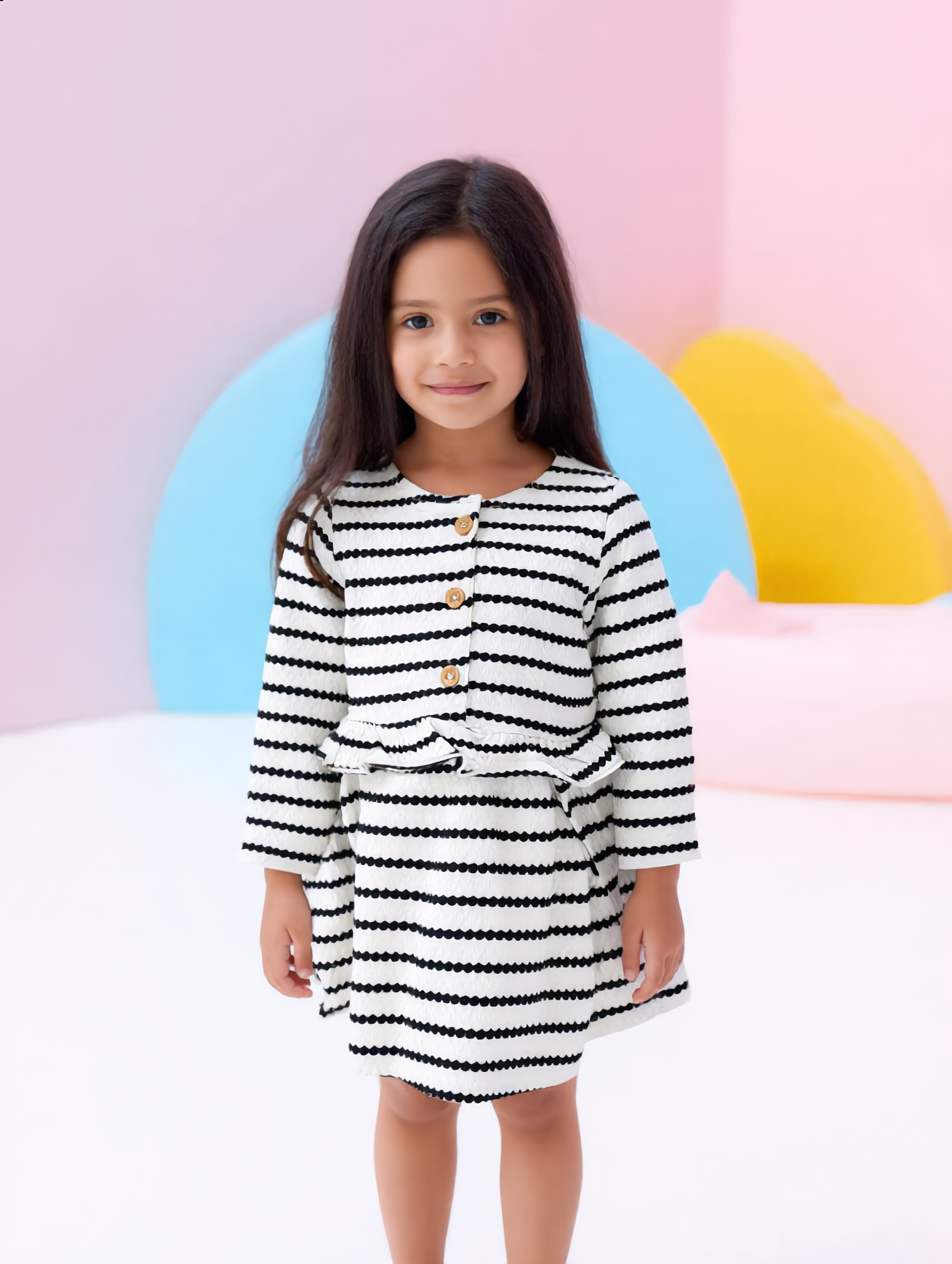 Girls Black & White Striped Ruffle Long-Sleeve Dress