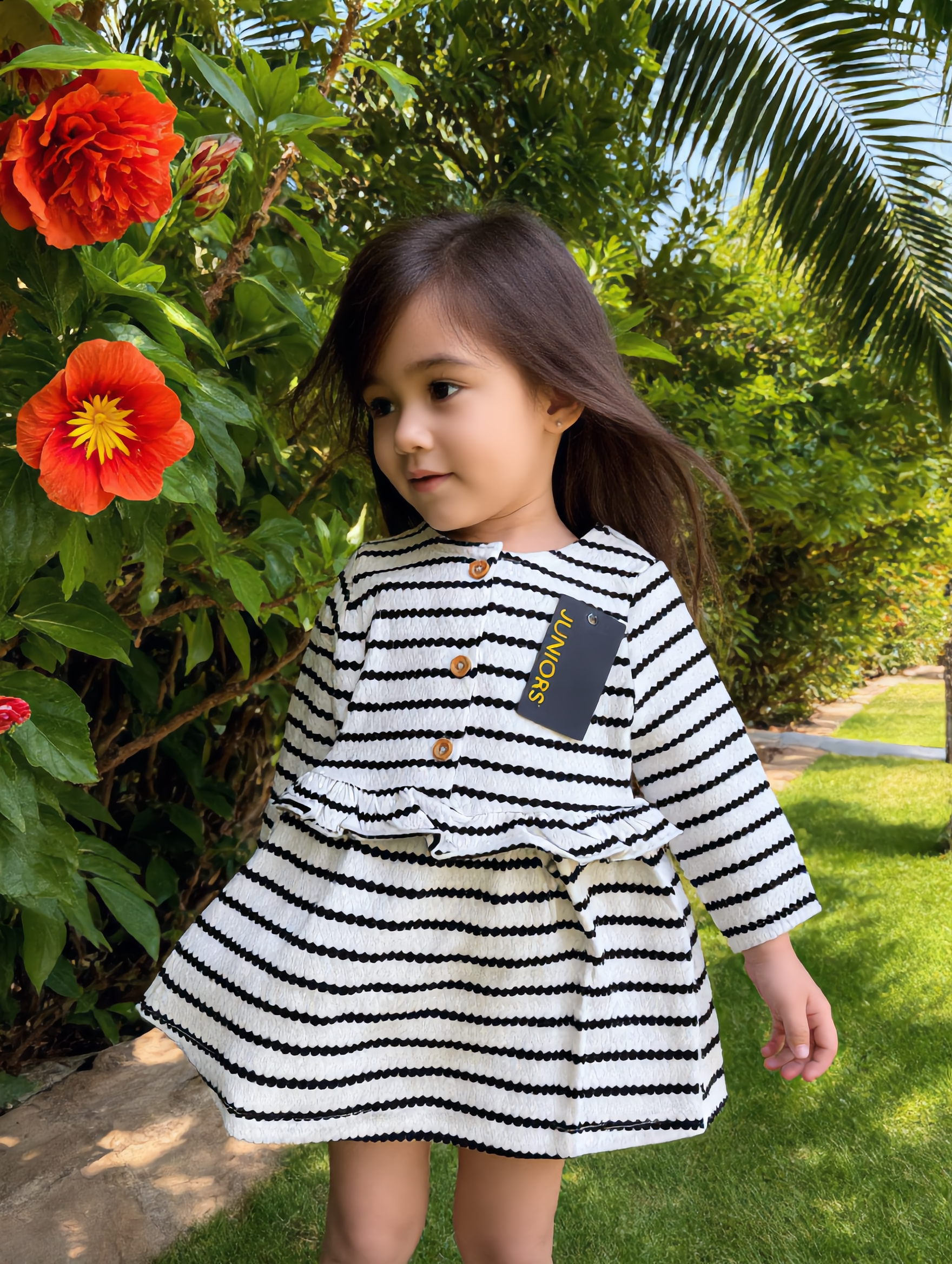 Girls Black & White Striped Ruffle Long-Sleeve Dress