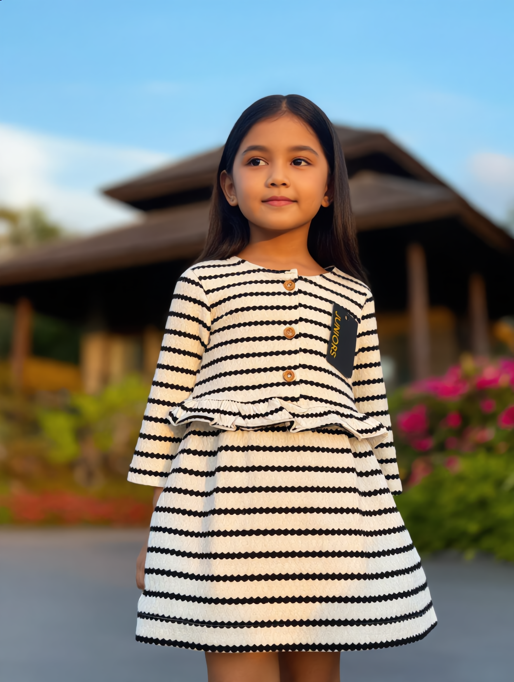 Girls Black & White Striped Ruffle Long-Sleeve Dress